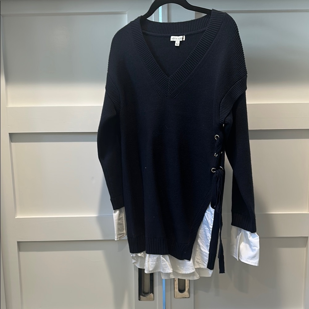 Navy V-Neck Sweater Dress with White Layered Hem